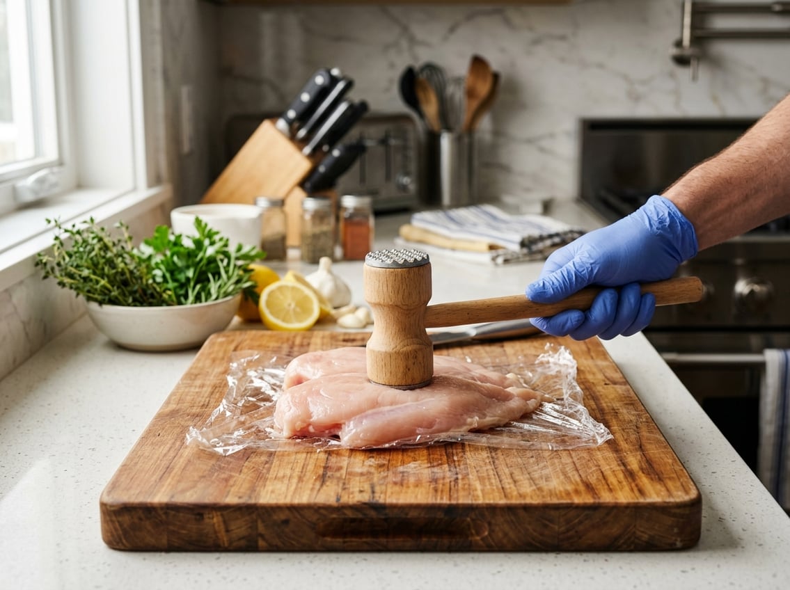 A person flattening a raw chicken breast with a meat mallet on a wooden cutting board in a kitchen.