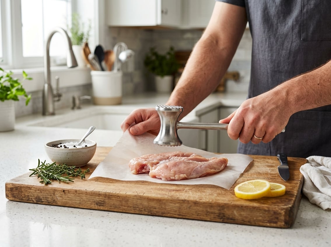 Hands flattening a raw chicken breast on a cutting board with a meat mallet in a clean kitchen setting.