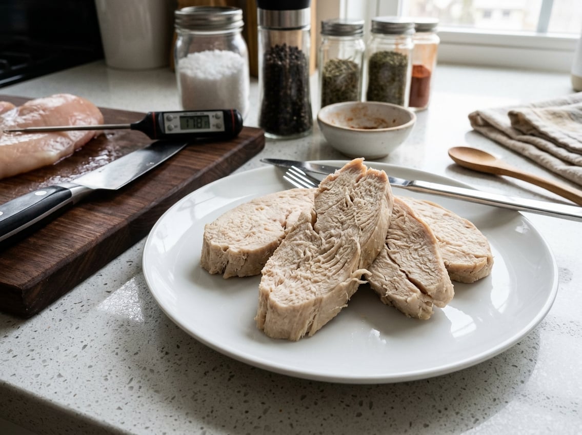Close-up of cooked chicken breast slices showing a dry texture on a plate with kitchen utensils and seasonings nearby.