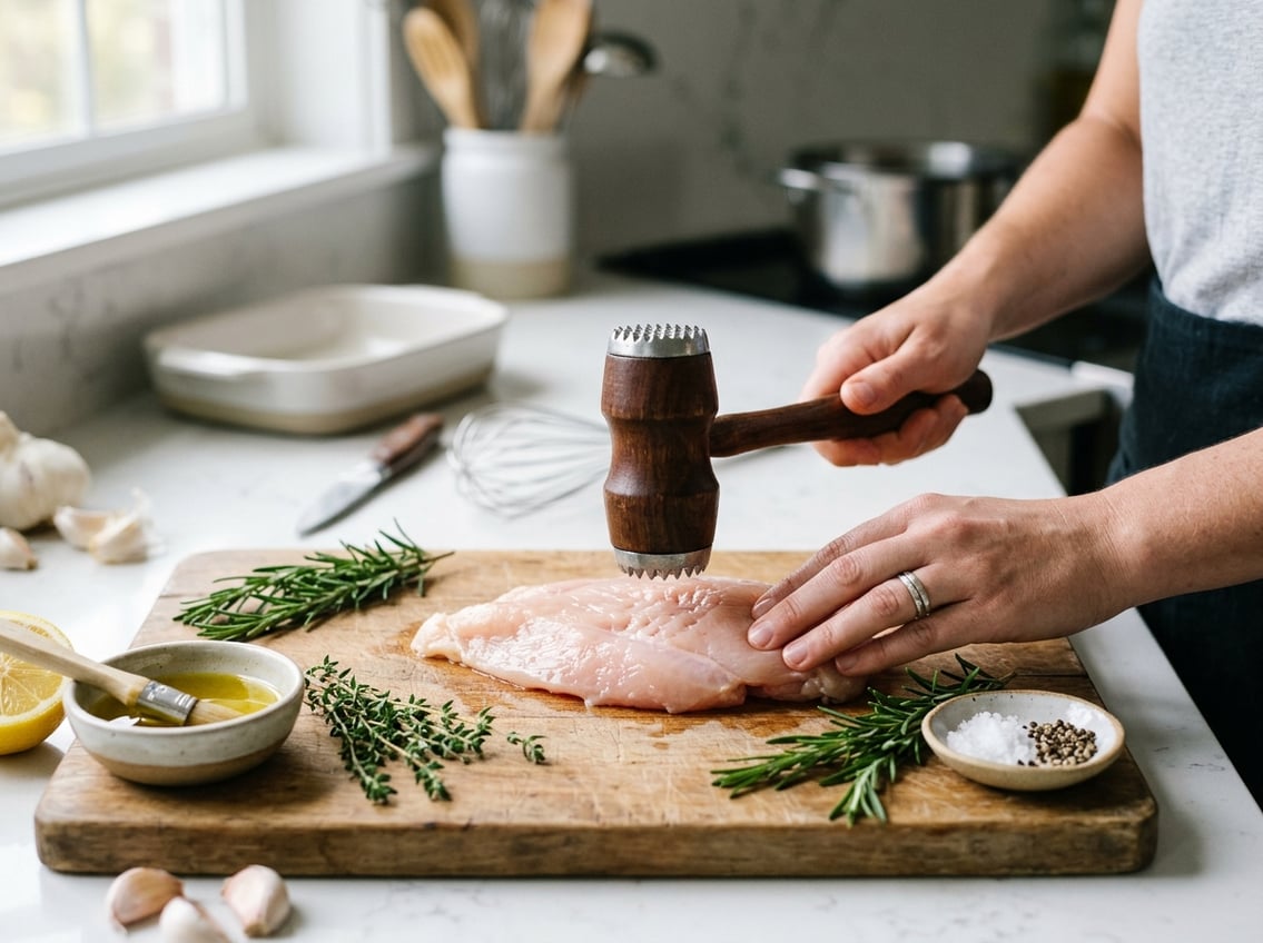 Close-up of a raw chicken breast being tenderized with a meat mallet on a wooden cutting board surrounded by fresh herbs and lemon in a kitchen setting.