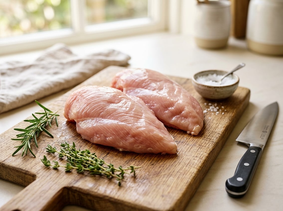Close-up of raw chicken breasts on a wooden cutting board with herbs and a knife in a kitchen.