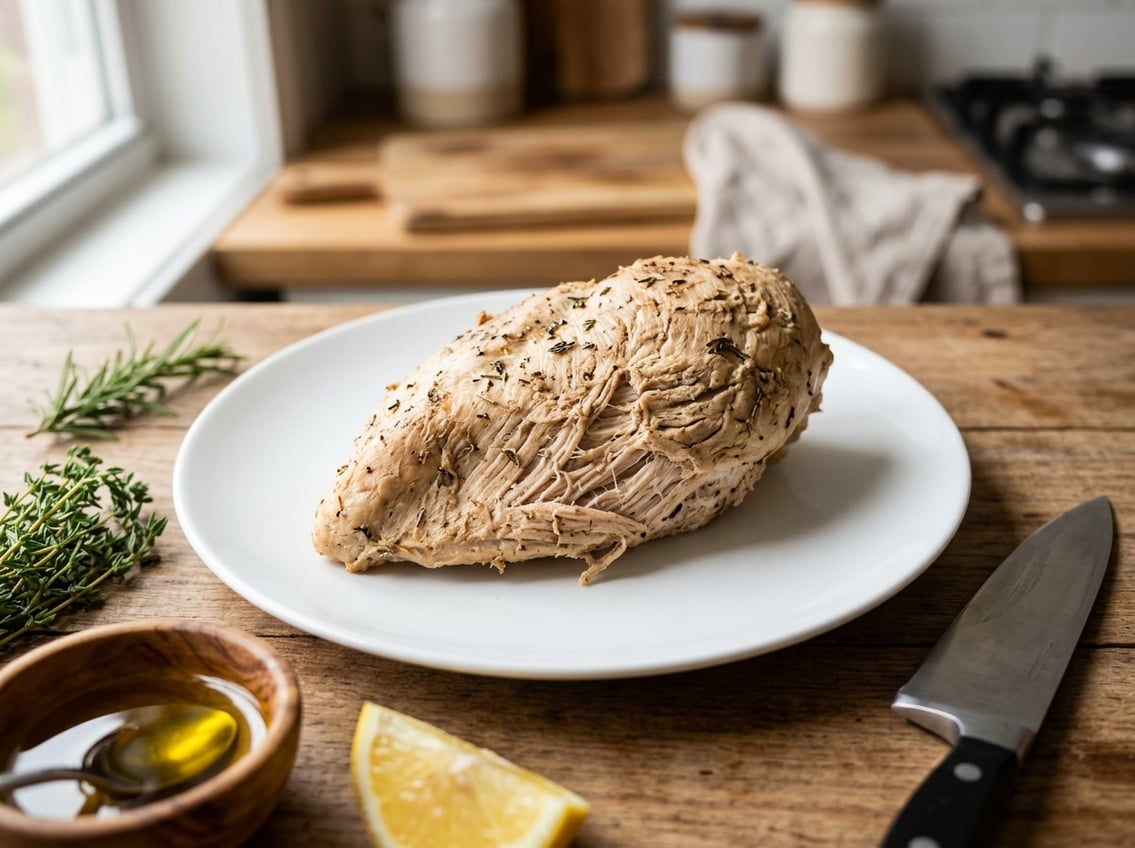 Close-up of a cooked chicken breast on a plate with herbs, lemon, and a knife nearby in a kitchen setting.
