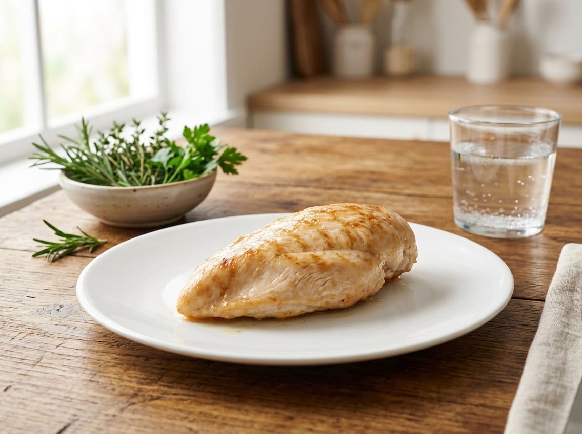 A cooked plain chicken breast on a white plate with herbs and a glass of water on a wooden table.
