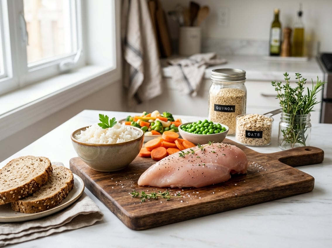 Raw chicken breast on a wooden cutting board surrounded by rice, bread, and fresh vegetables on a kitchen countertop.