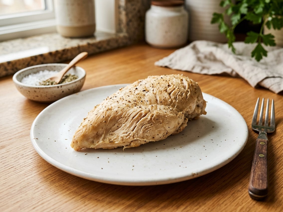 Close-up of a cooked chicken breast on a plate with a fork and seasoning nearby on a kitchen countertop.