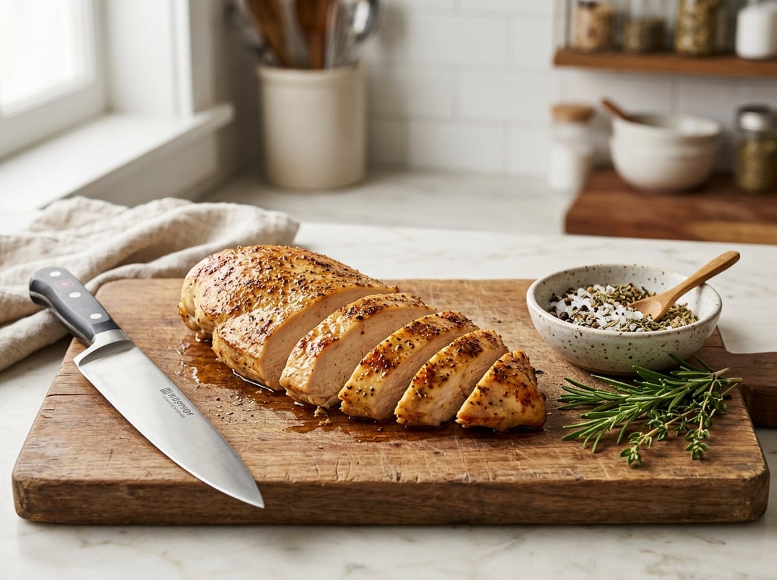 Sliced cooked chicken breast on a wooden cutting board with herbs and a knife in a kitchen setting.