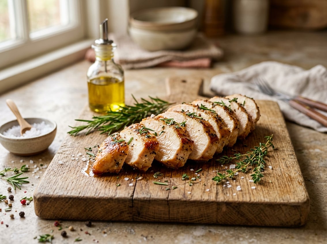 Close-up of a sliced cooked chicken breast on a wooden cutting board with fresh herbs and seasonings nearby.