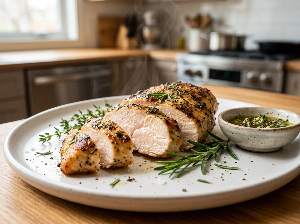 Close-up of a sliced, juicy chicken breast on a white plate with fresh herbs and a small bowl of seasoning, set in a kitchen environment.