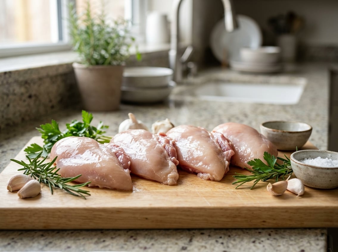 Fresh raw chicken breasts with rib meat on a white cutting board surrounded by herbs and garlic in a kitchen setting.