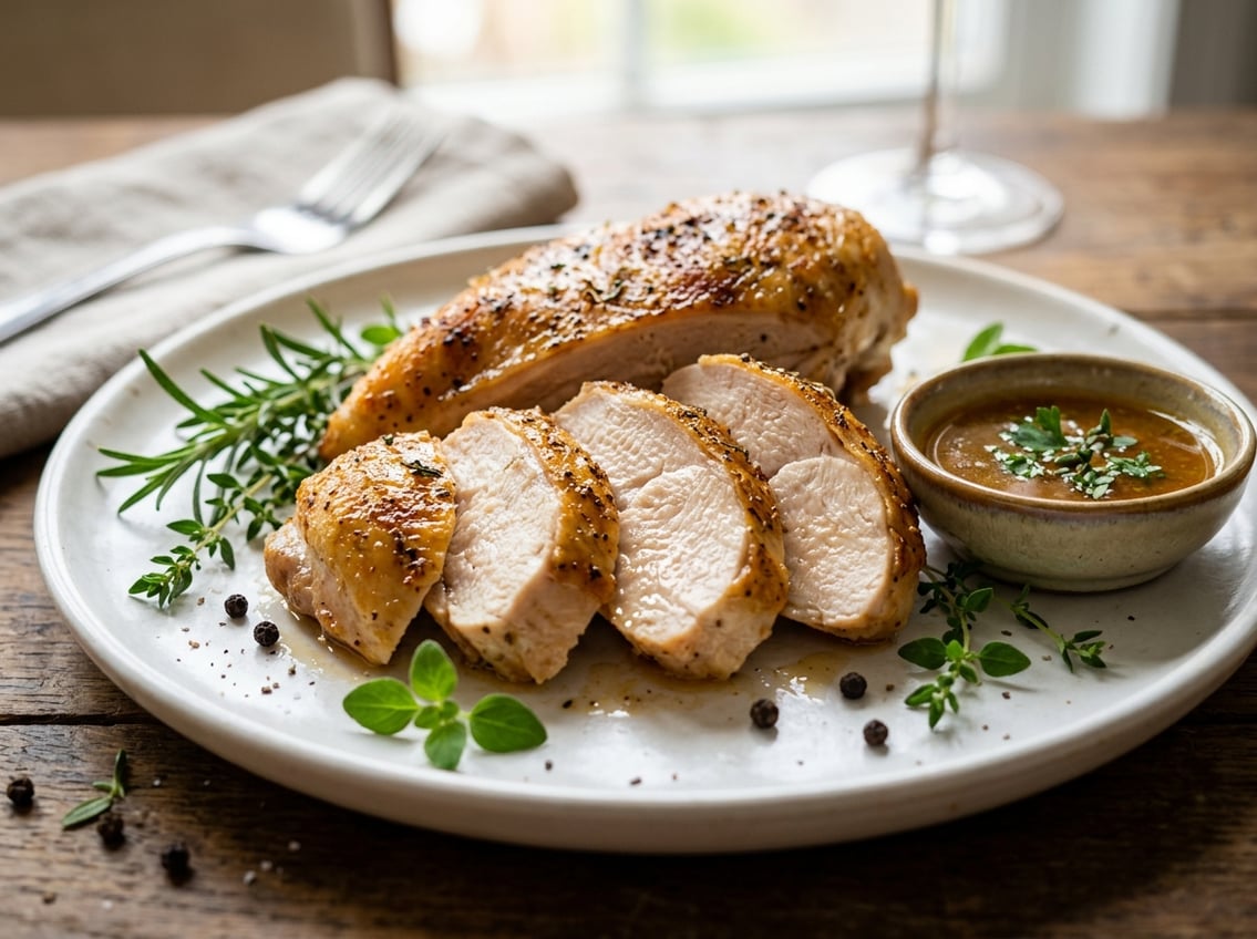 Close-up of a cooked chicken breast with rib meat on a white plate, garnished with fresh herbs and accompanied by a small bowl of sauce.