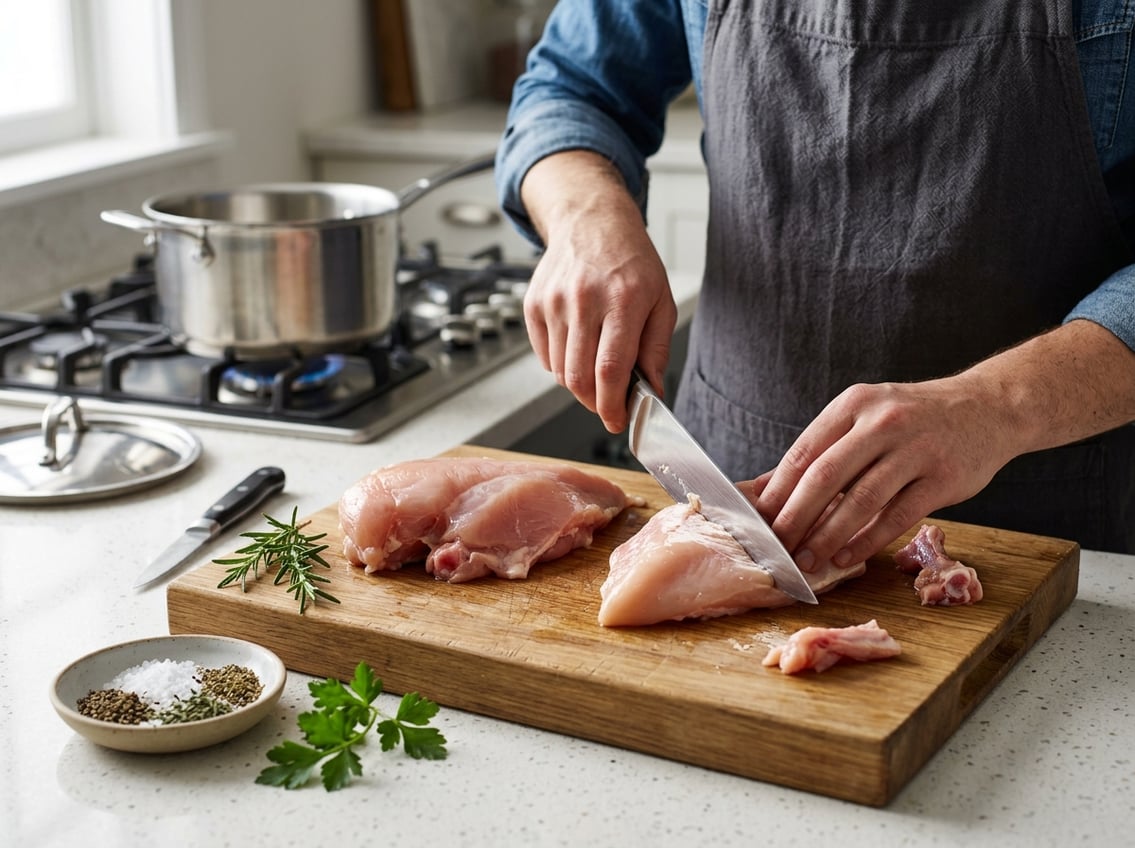 Hands trimming a raw chicken breast with rib meat on a cutting board in a kitchen with fresh herbs and cooking tools nearby.