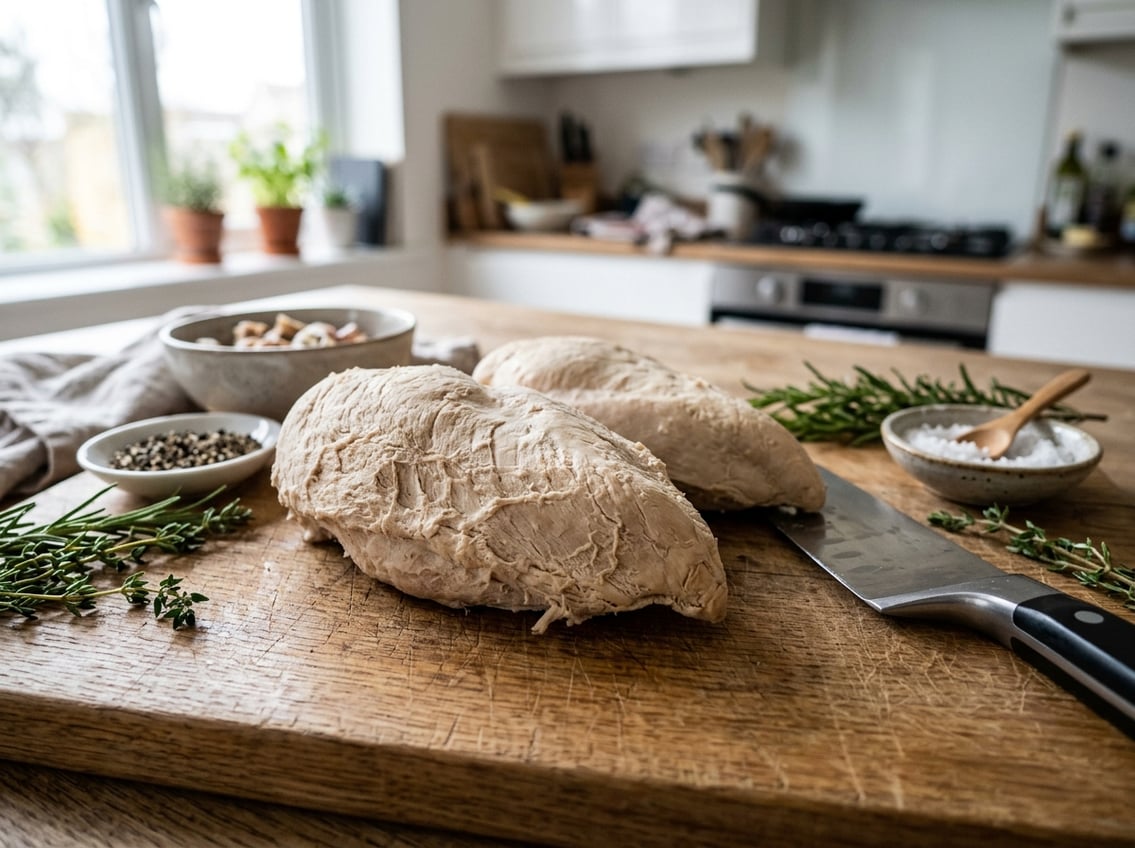 Close-up of cooked chicken breasts on a wooden cutting board with herbs and a knife nearby.