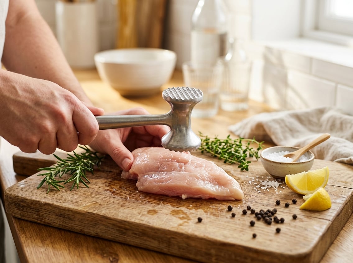 Close-up of raw chicken breasts being tenderized on a wooden cutting board with fresh herbs and lemon nearby.