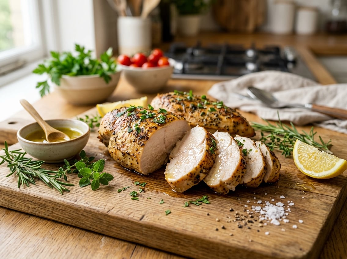 Close-up of a sliced, juicy chicken breast on a wooden cutting board with fresh herbs and lemon, in a kitchen setting.