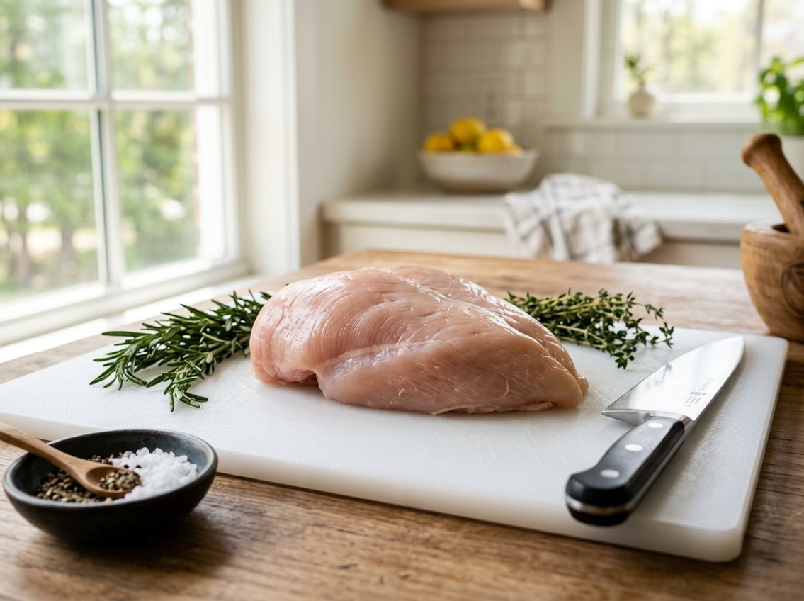 Raw chicken breast on a cutting board with herbs and a knife in a kitchen.