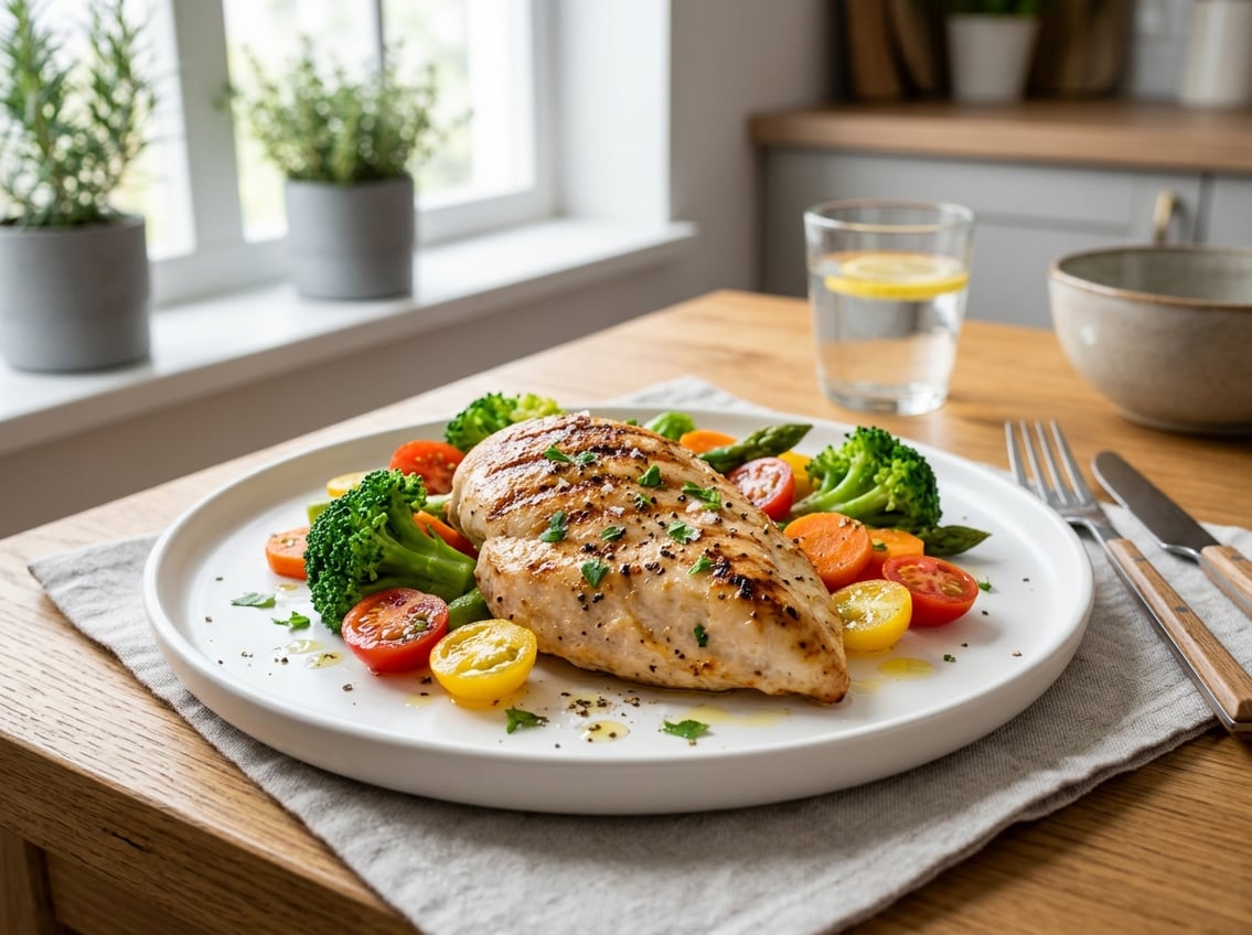 A cooked chicken breast on a white plate with steamed broccoli, cherry tomatoes, and sliced carrots on a dining table.