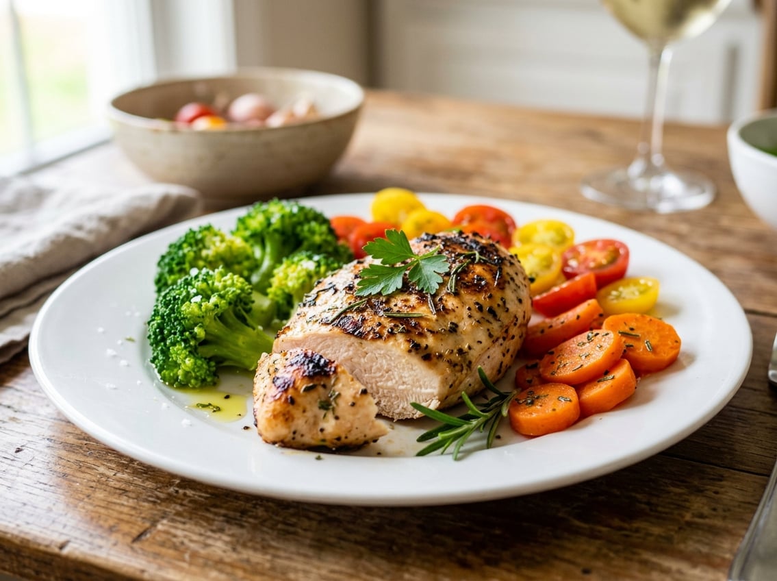 A cooked chicken breast on a white plate with fresh vegetables like broccoli, cherry tomatoes, and carrots.