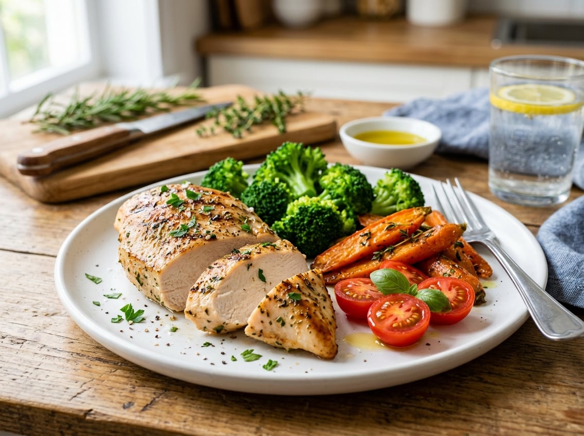 A cooked chicken breast sliced on a plate with fresh vegetables on a kitchen table.