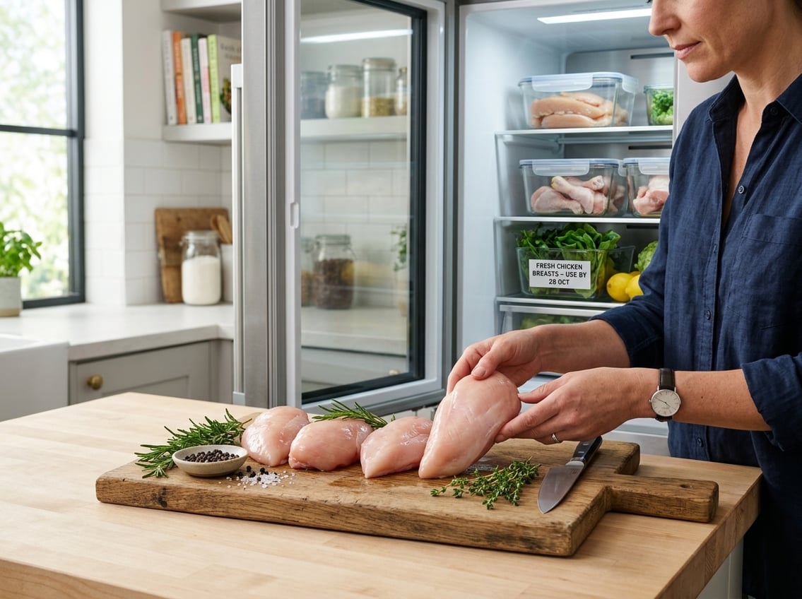 Fresh raw chicken breasts on a cutting board with herbs, a person selecting a piece, and organized chicken cuts in the background.