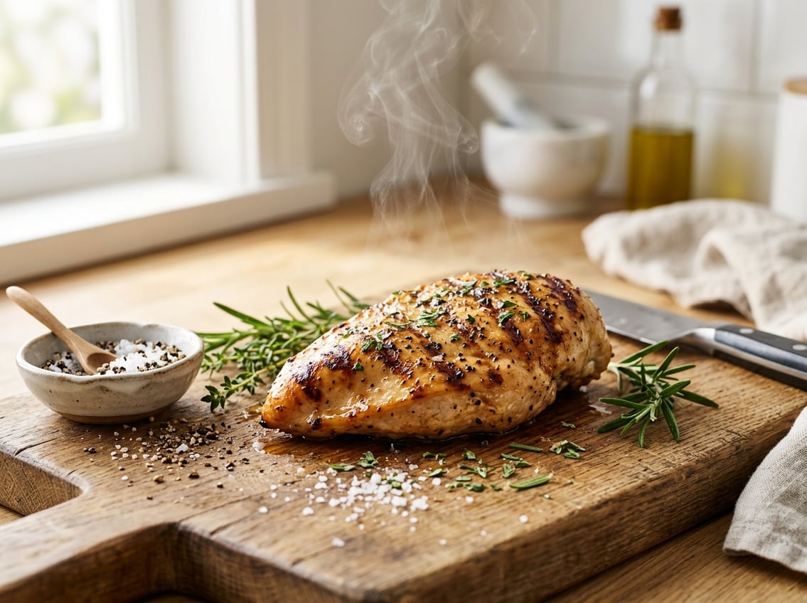A cooked chicken breast resting on a wooden cutting board with fresh herbs and seasonings nearby in a kitchen setting.