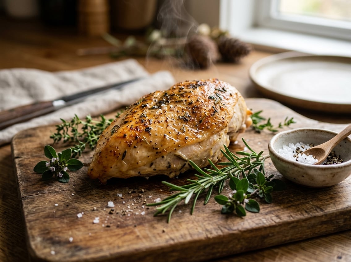 Close-up of a cooked chicken breast resting on a wooden cutting board with herbs and seasoning nearby.