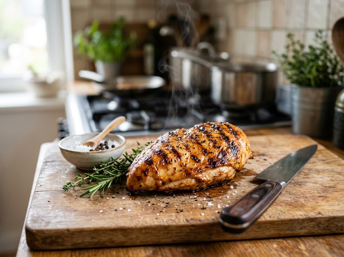 Cooked chicken breast resting on a wooden cutting board with herbs and a chef's knife nearby in a bright kitchen.