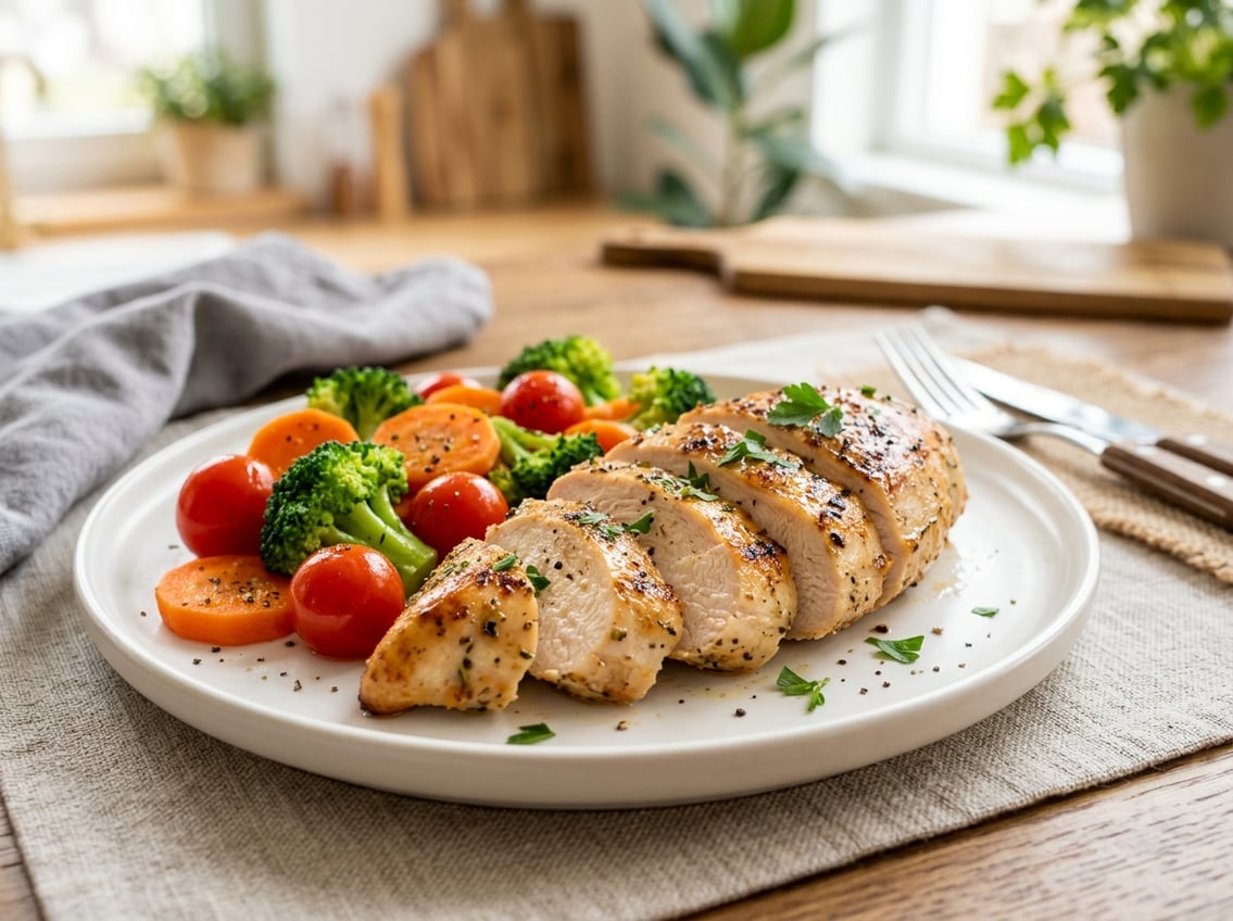A cooked chicken breast on a white plate with steamed vegetables on a dining table.