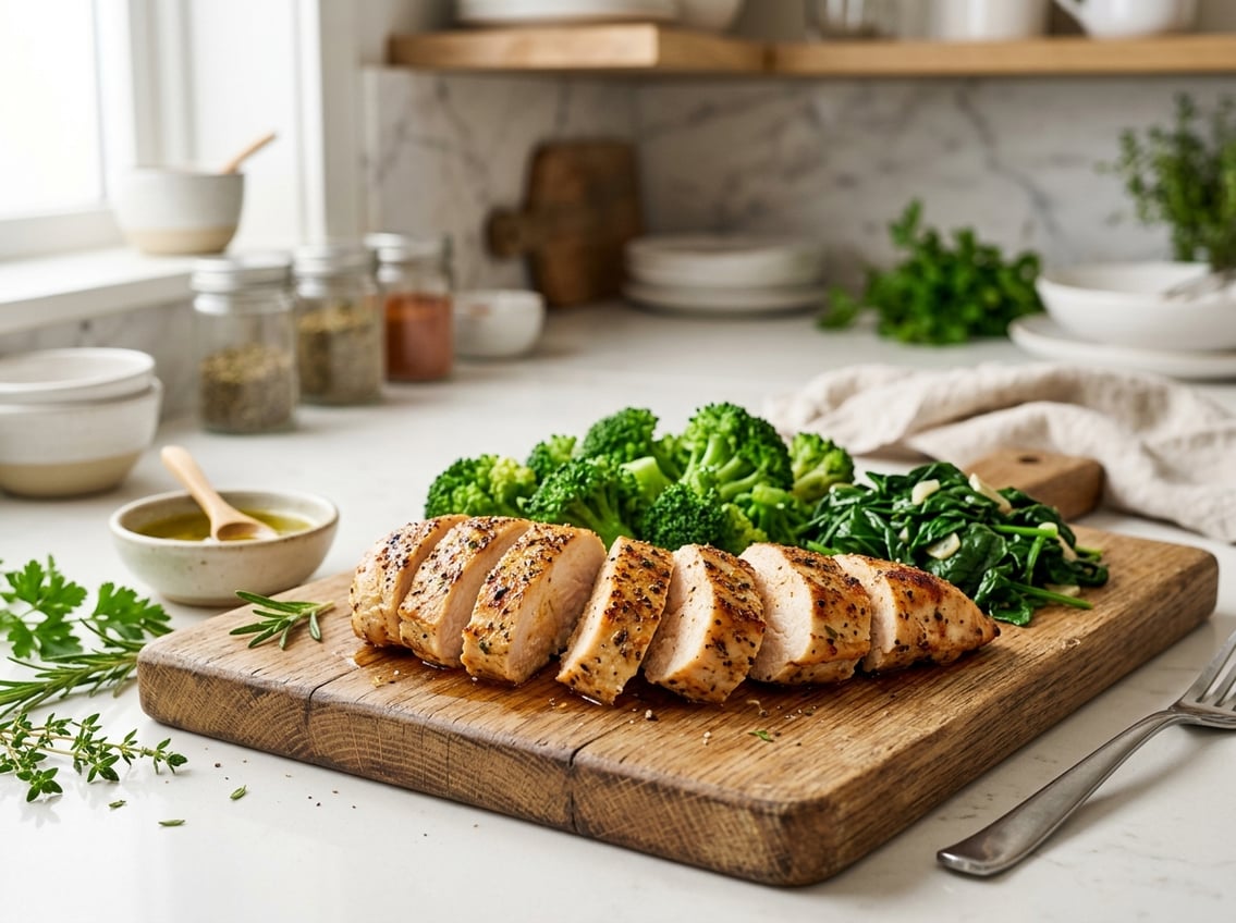 Sliced cooked chicken breast on a cutting board with fresh green vegetables and herbs in a kitchen setting.