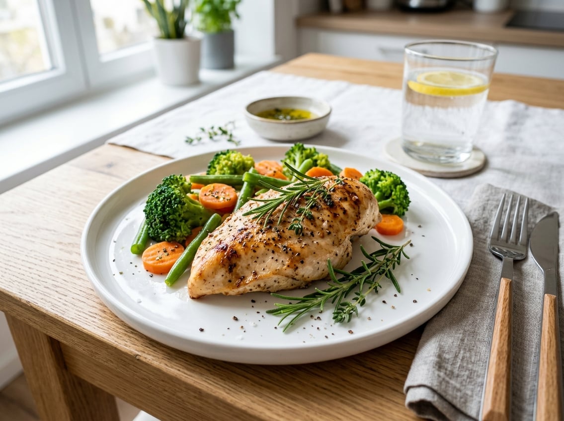 A plate with a cooked chicken breast garnished with herbs, served with steamed vegetables and a glass of water on a dining table.