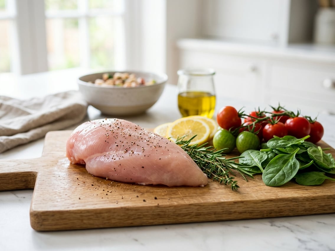 A raw chicken breast on a wooden cutting board surrounded by fresh vegetables and herbs in a bright kitchen.