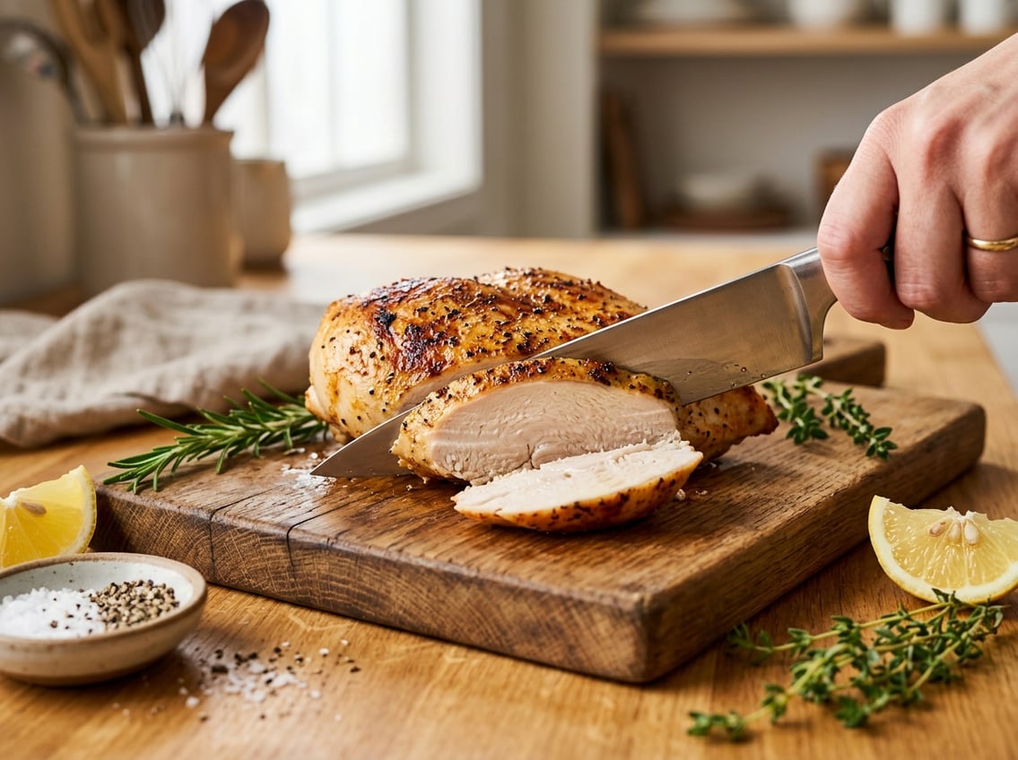 Close-up of a sliced cooked chicken breast on a wooden cutting board with fresh herbs and lemon wedges nearby.