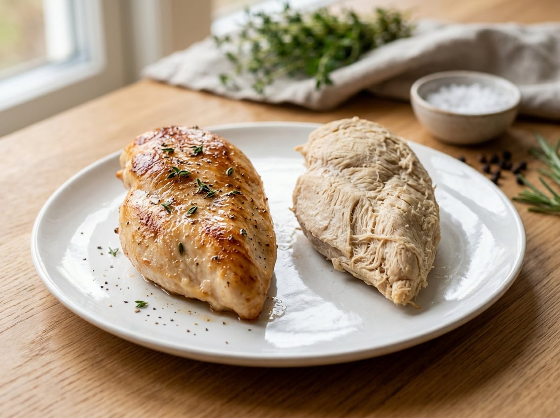 Two cooked chicken breasts on a white plate, one juicy and tender, the other dry and overcooked, showing a clear texture difference.