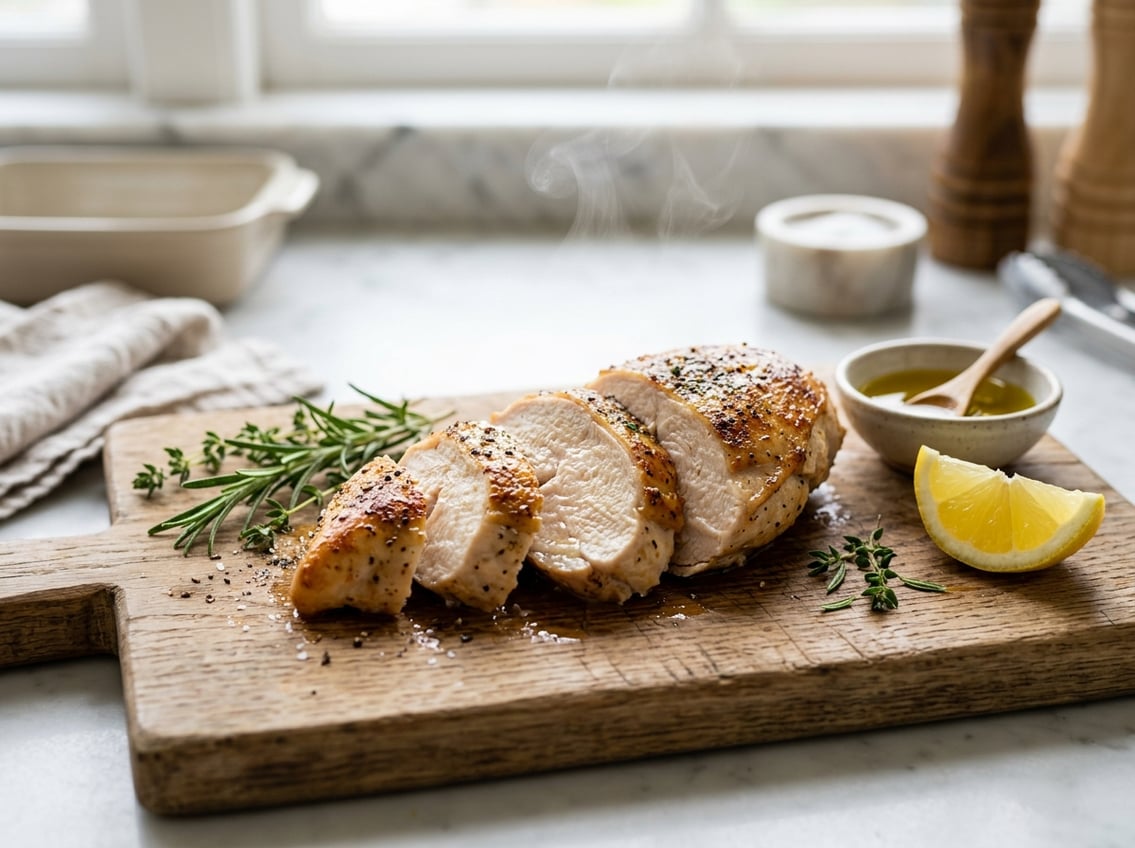 Sliced juicy chicken breast on a wooden cutting board with fresh herbs and lemon wedge in a bright kitchen.