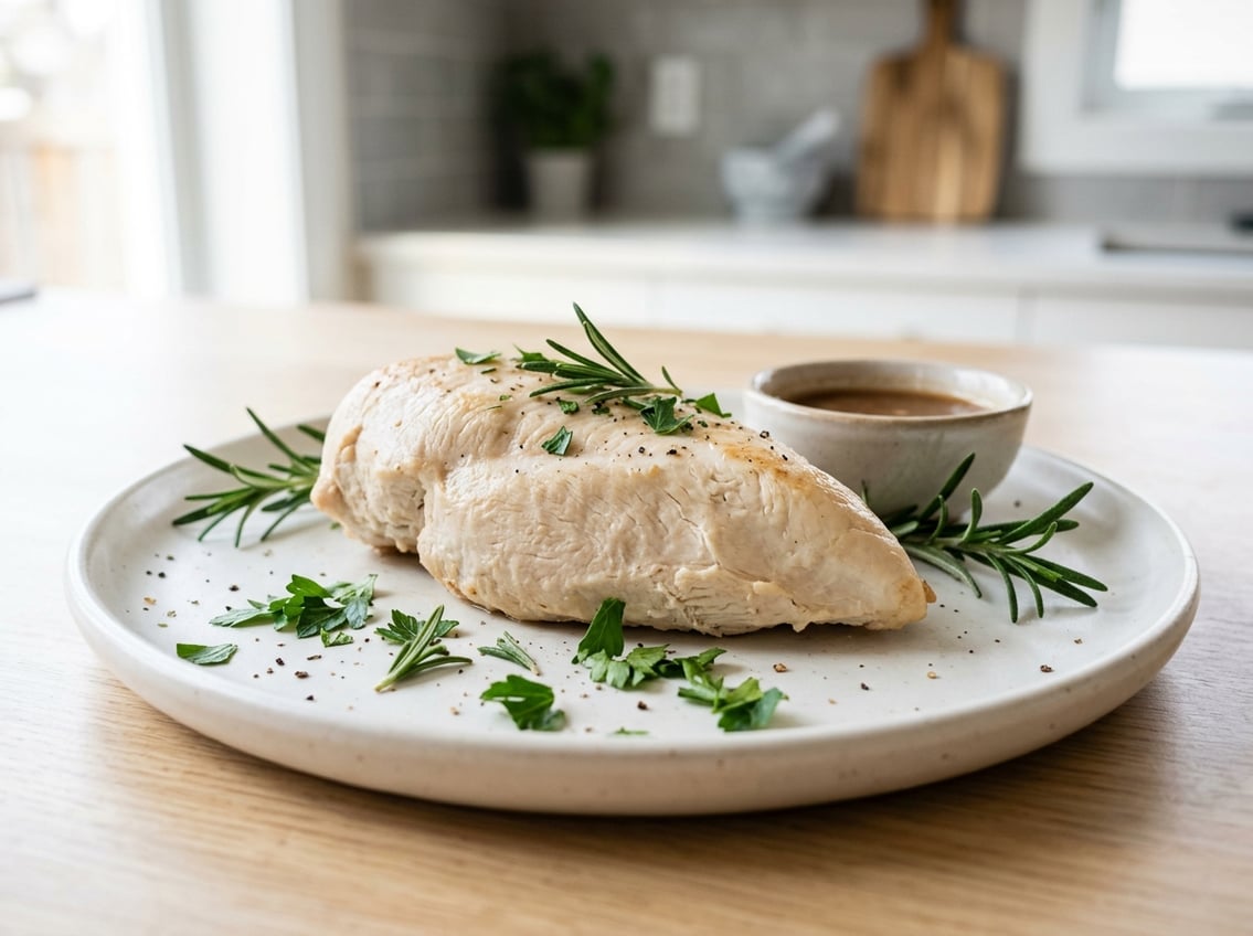 Close-up of a cooked chicken breast on a white plate with fresh herbs and a small bowl of sauce in a kitchen setting.
