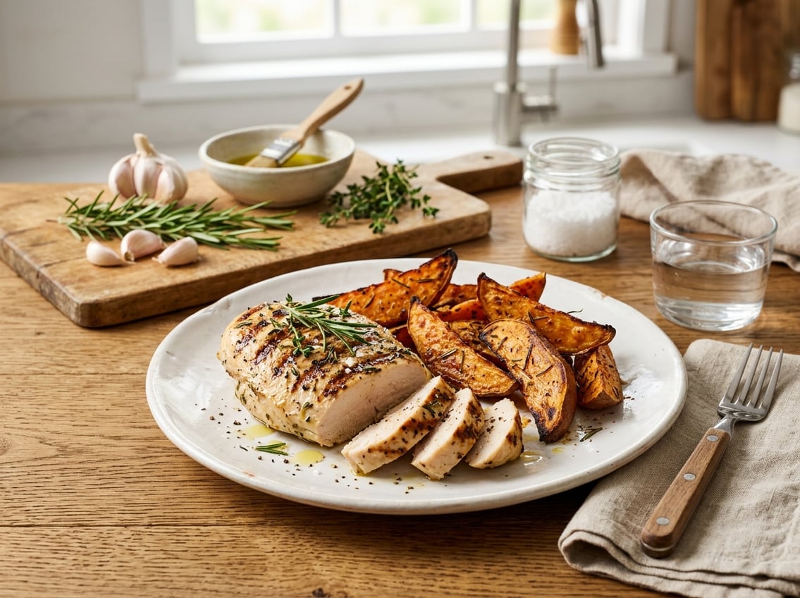 A plate with cooked chicken breast and roasted sweet potatoes garnished with fresh herbs on a kitchen countertop.