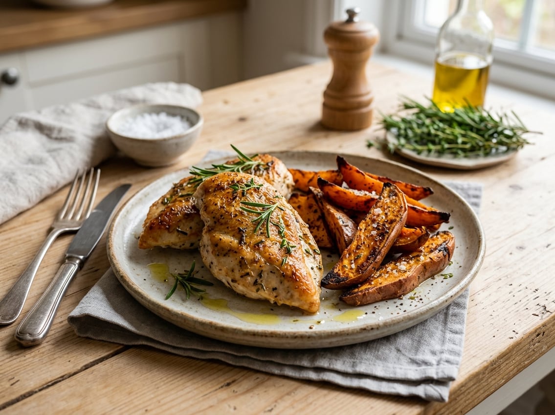 A plate with cooked chicken breasts and roasted sweet potato wedges garnished with fresh herbs on a kitchen table.