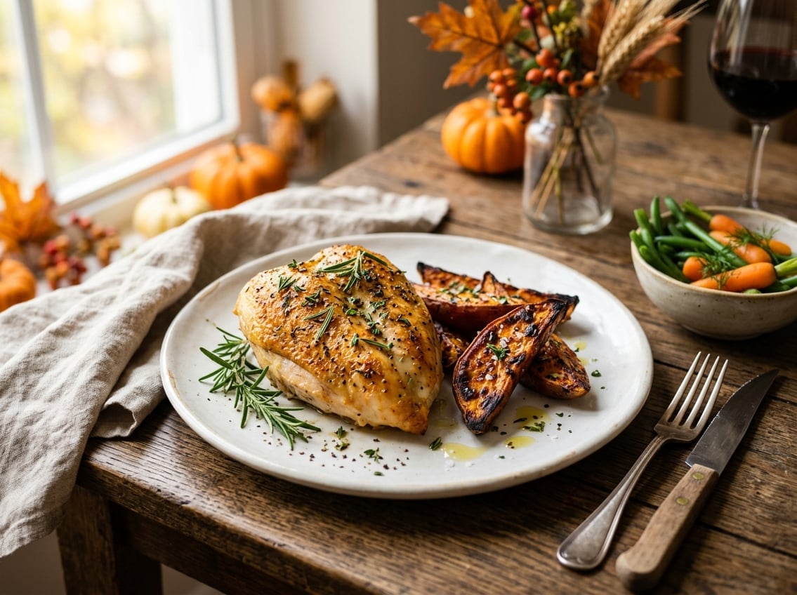 A plate with roasted chicken breast and sweet potatoes on a wooden table with herbs and seasonal vegetables around.