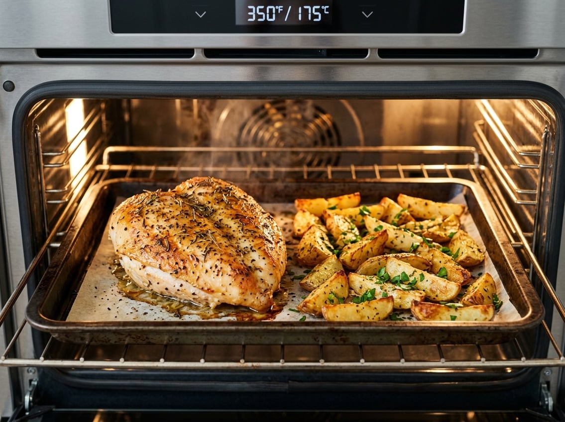 Chicken breast and roasted potato wedges cooking inside an oven on a baking tray.