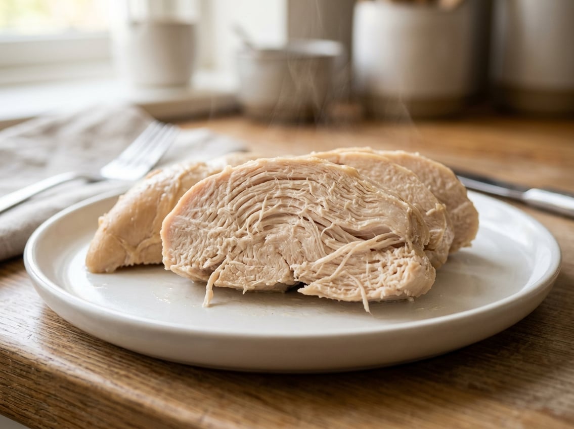 Close-up of sliced cooked chicken breast showing stringy texture on a white plate in a kitchen setting.