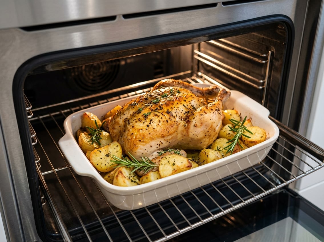 Roasted chicken breast and golden potatoes cooking inside an oven.