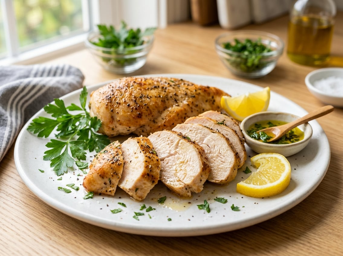 Sliced cooked chicken breast on a white plate garnished with herbs and lemon wedges on a kitchen countertop.