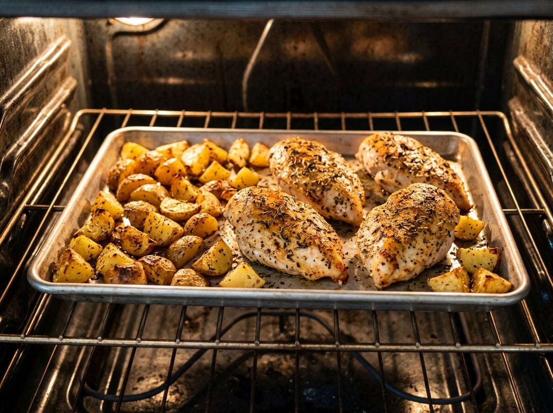 Sheet pan inside an oven with cooked chicken breasts and roasted potatoes.