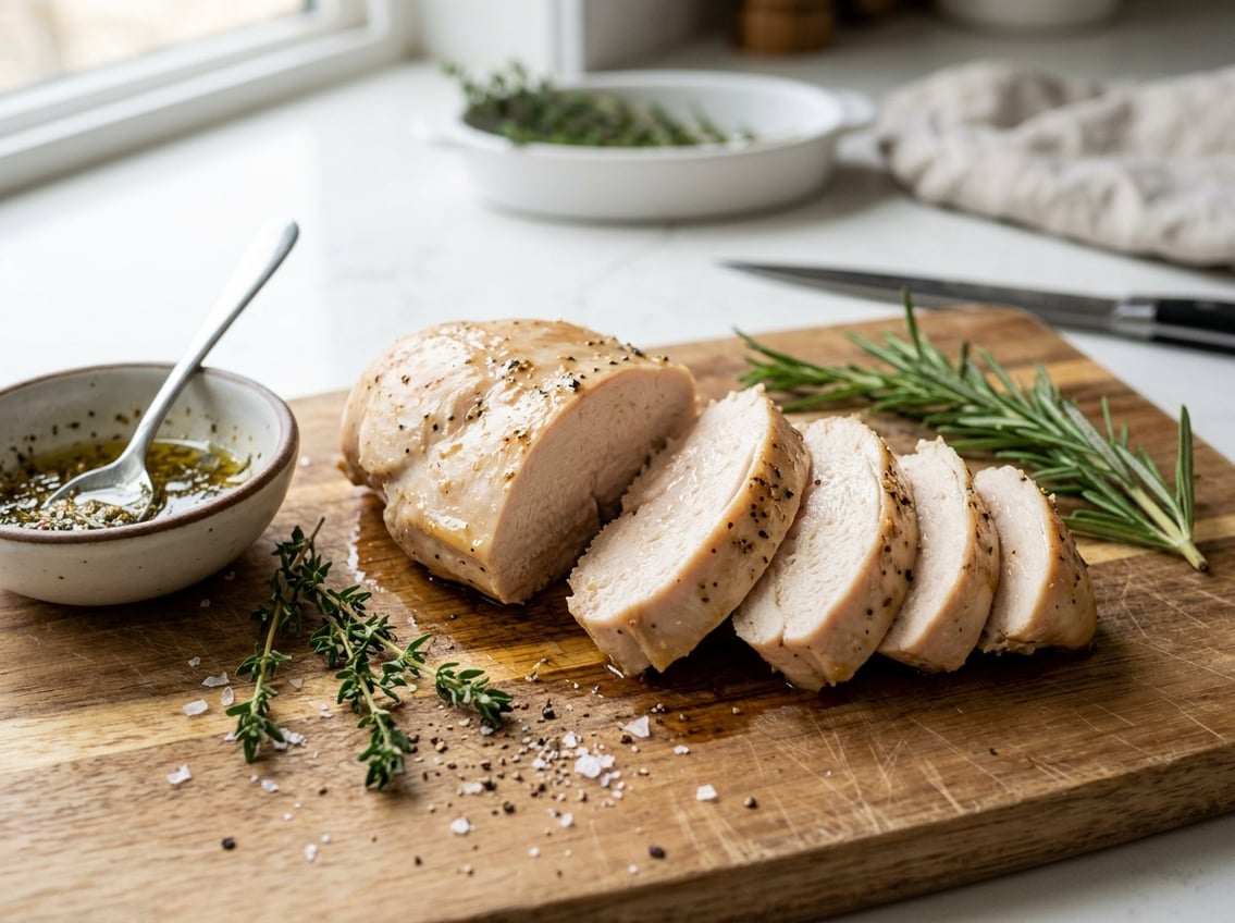 Close-up of a sliced cooked chicken breast showing tender texture with fresh herbs and seasoning on a kitchen countertop.