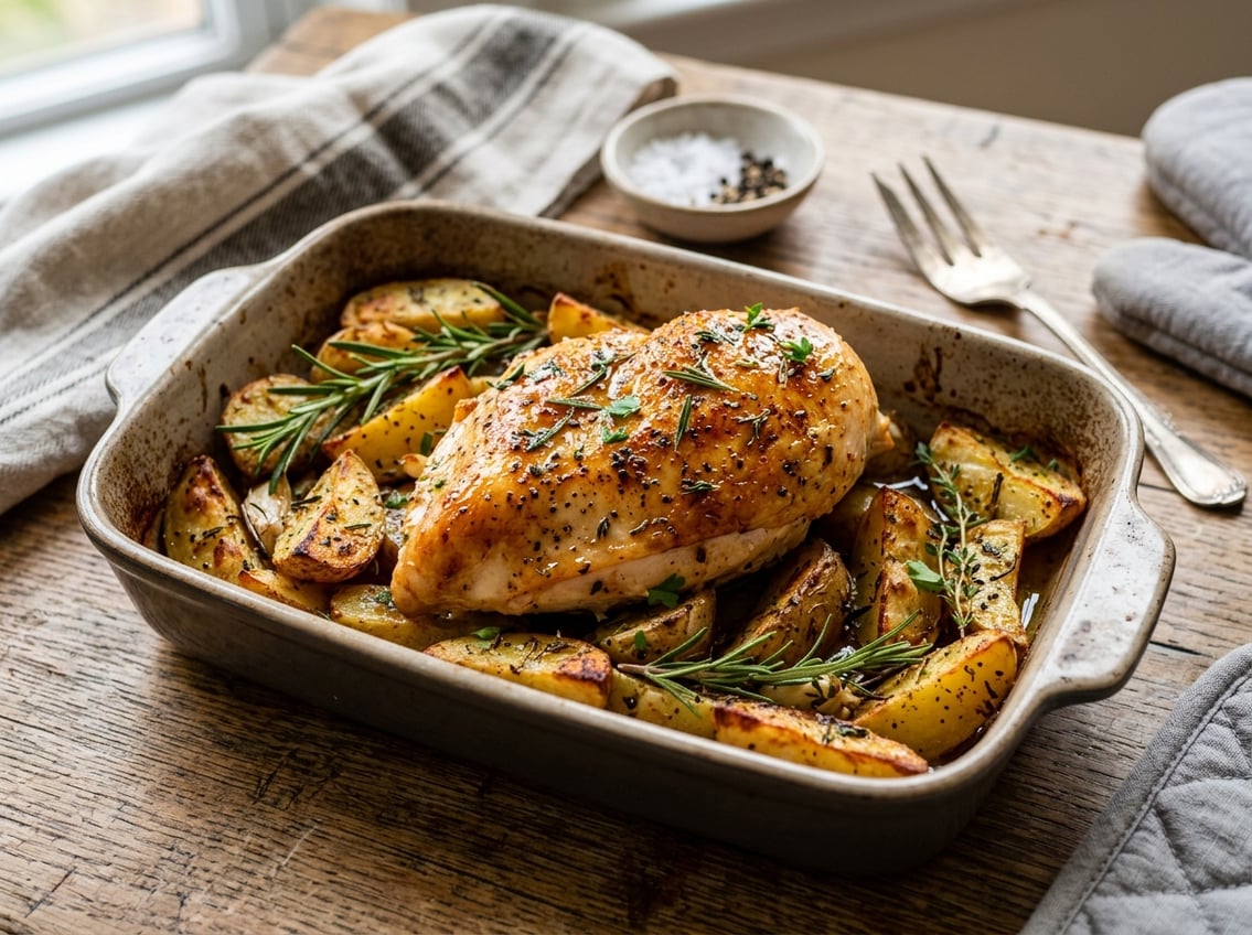 Roasted chicken breast and crispy potatoes in a baking dish garnished with fresh herbs on a wooden table.