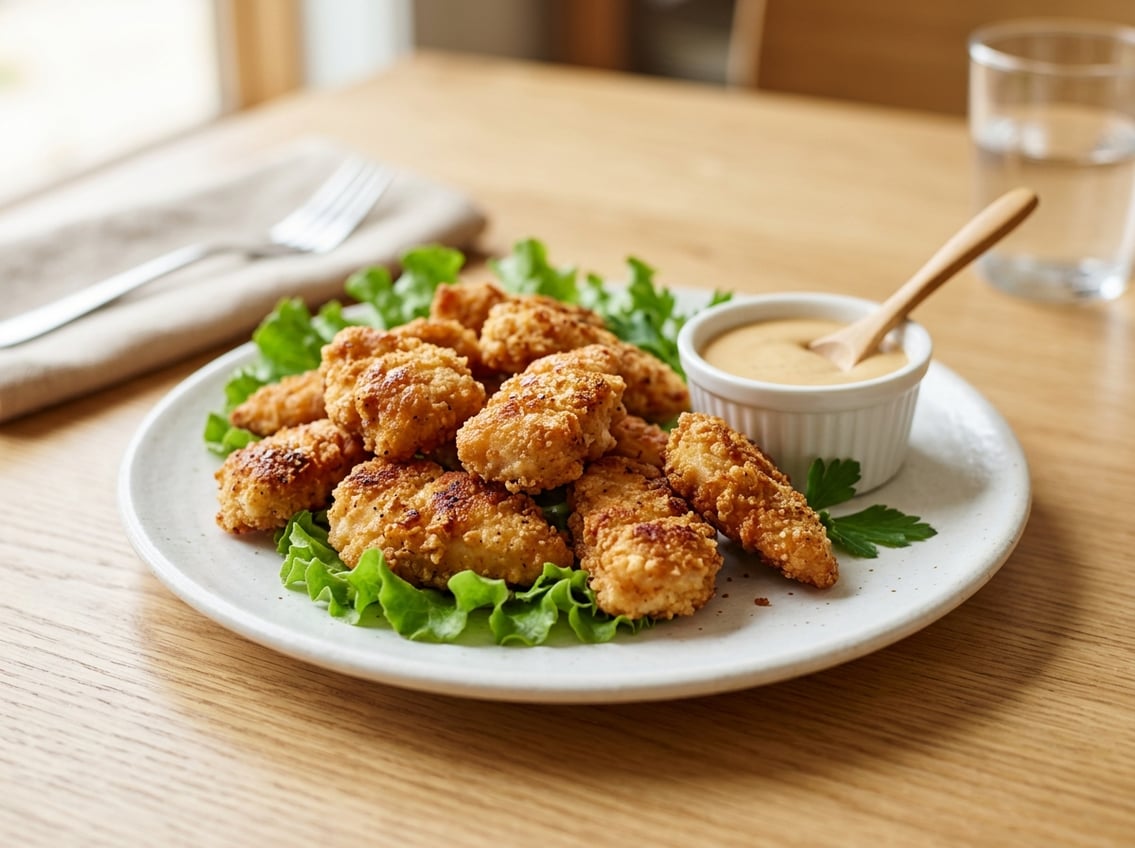 A plate of golden brown cooked chicken breast pieces with lettuce and a small bowl of dipping sauce on a wooden table.