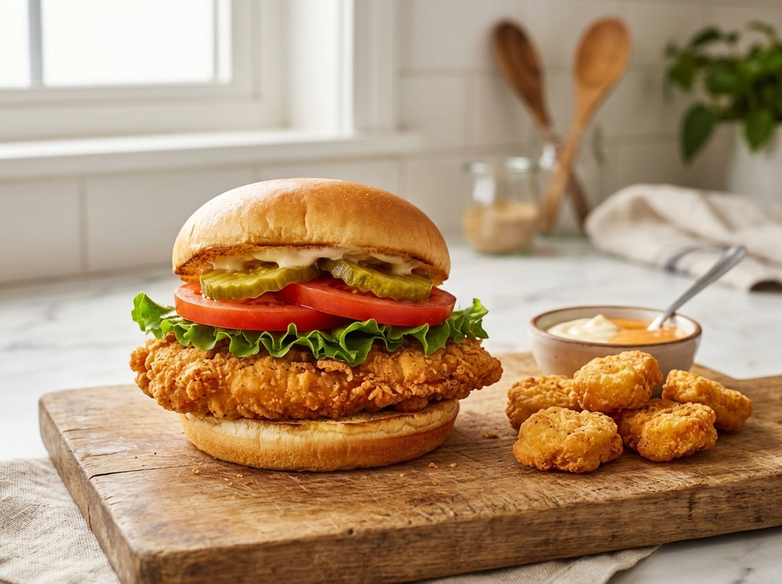 A homemade chicken breast sandwich with lettuce, tomato, and pickles on a bun, served with chicken nuggets on a wooden board.