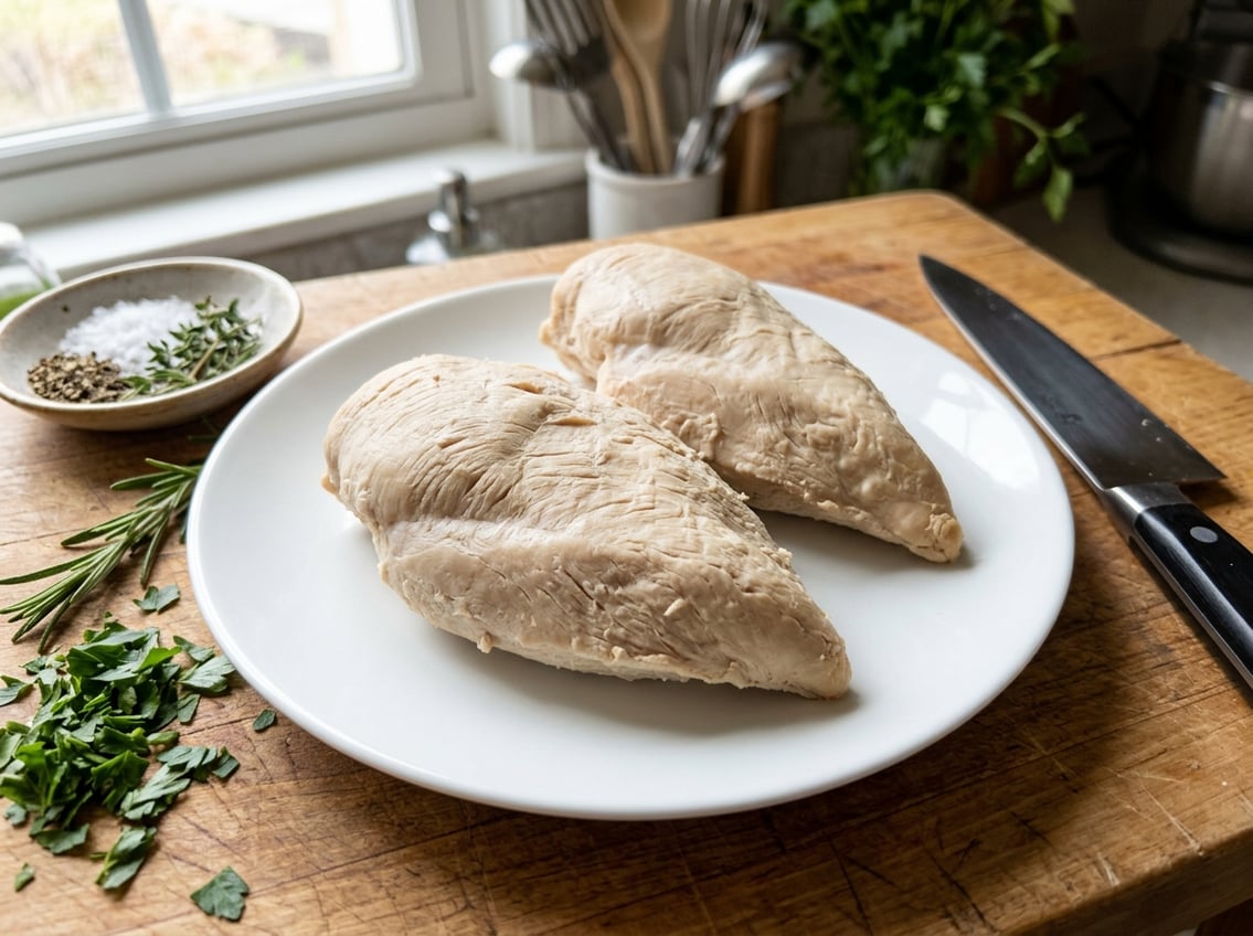 Close-up of cooked chicken breasts on a plate with kitchen tools and herbs nearby.