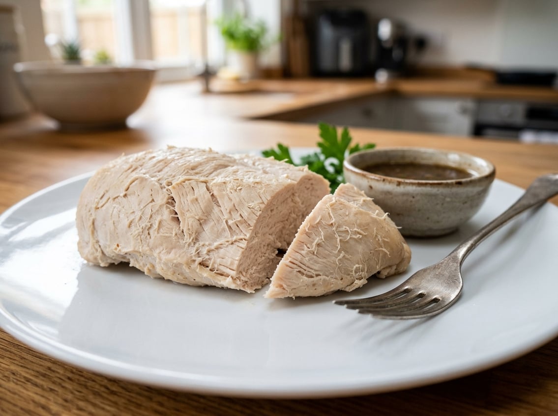 Close-up of a cooked chicken breast on a white plate with a fork and small bowl of sauce in a kitchen setting.