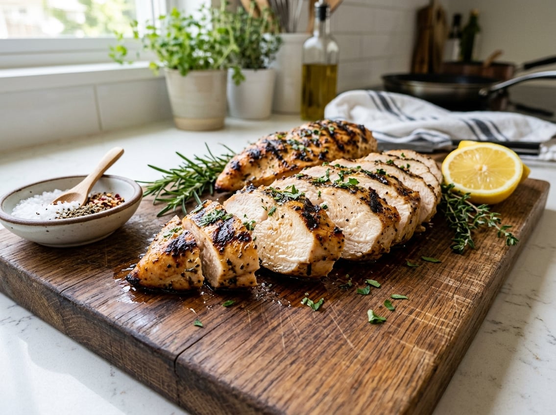 A close-up of sliced, juicy chicken breast on a wooden cutting board with fresh herbs and lemon wedges nearby.