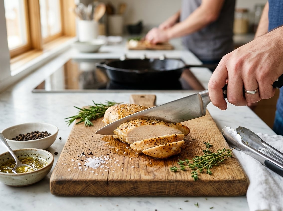 Close-up of a sliced cooked chicken breast on a cutting board with fresh herbs and kitchen utensils nearby.